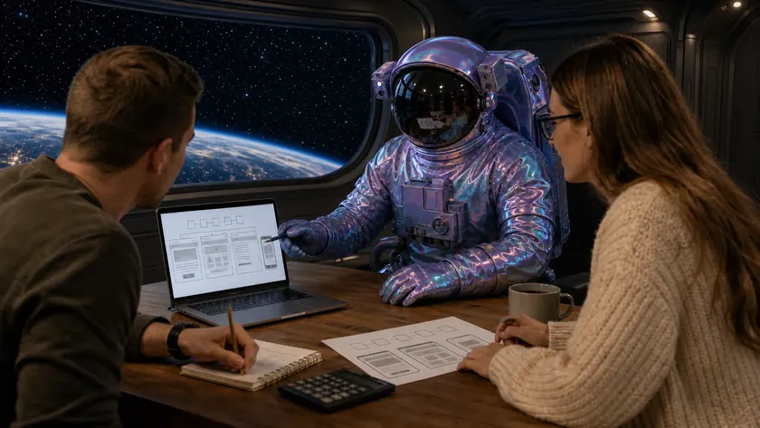 The Bostella astronaut planning website pages with two small-business owners in an orbital meeting room