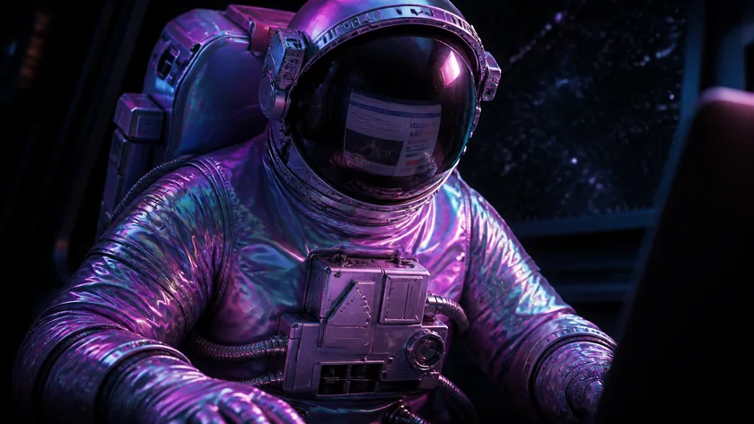 The Bostella astronaut studying a small-business website reflected in a dark visor