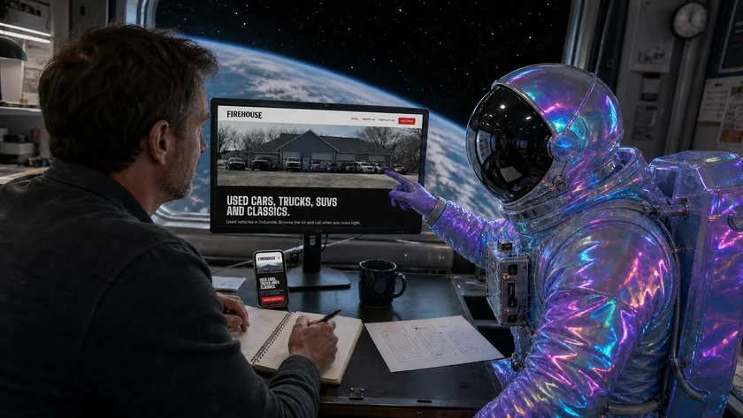 The Bostella astronaut reviewing the Firehouse Classic Cars homepage with a small-business owner at an orbital workstation