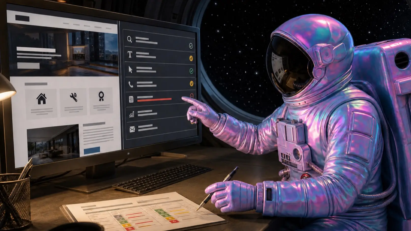 Bostella completes a structured website audit at an orbital workstation