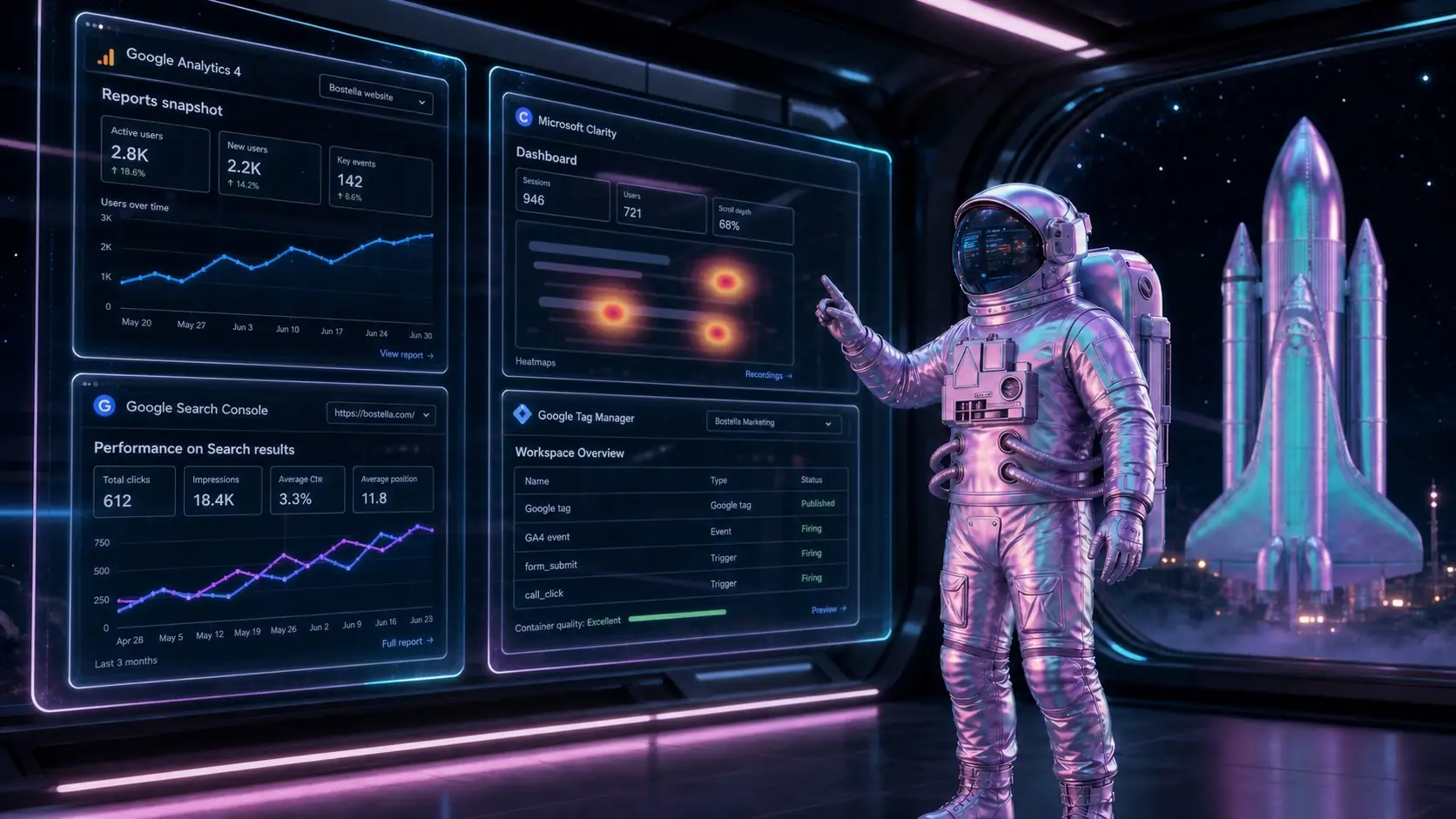 Connected brand, website, marketing, and tracking systems in Bostella's orbital studio