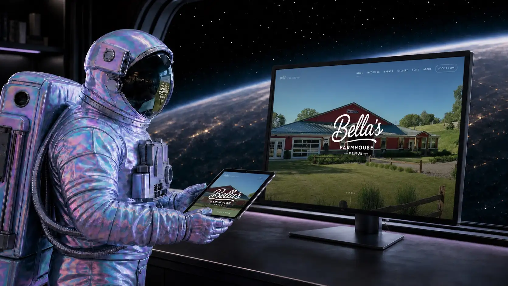 Bella's Farmhouse website shown on desktop and mobile studio displays